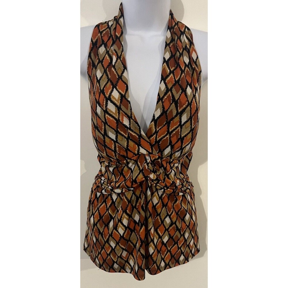 VTG Studio 1940 Geometric Halter Neck Top Earth Tone 70s Retro Twist Front Sz XL